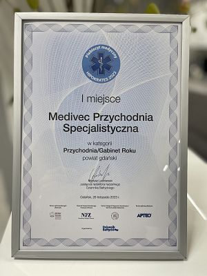 1 miejsce w kategorii "Przychodnia Roku" w powiecie gdańskim dla Medivec Przychodnia Specjalistyczna